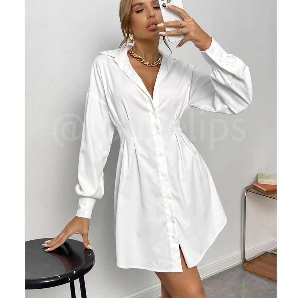 White Fitted Waist Drop Shoulder Buttoned Down Shirt Dress Long Sleeve